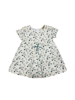 Zara White dress w/teal flowers&bow, 12-18 months
