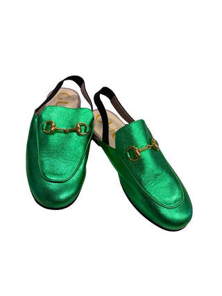 Gucci Green Metallic Loafers with Slingback, 32 EU