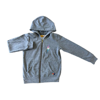 Aviator Nation Grey Zip Up with Pastel Rainbow Lightning Bolt Front and Back, 12 years