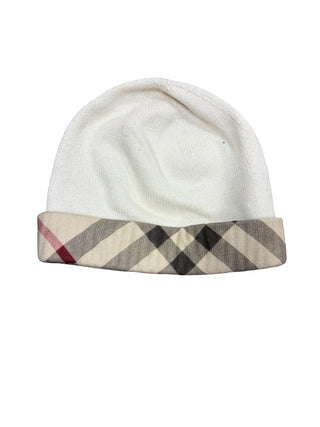 Burberry Cream Knit Hat with Classic Plaid, 6-12 months