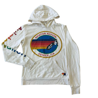Aviator Nation Beige Unisex Relaxed Pullover Hoodie with Graphic Logo, xs