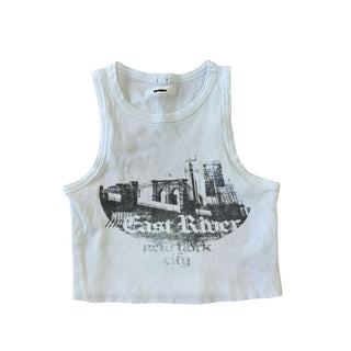 Garage Cropped White Tank Top with Cast River Graphic, xs