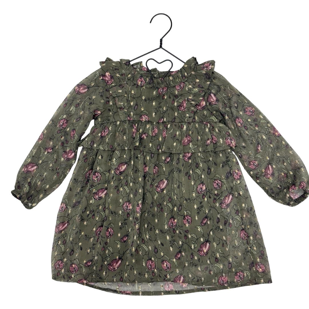 Creamie olive green w/florals dress, 2 years