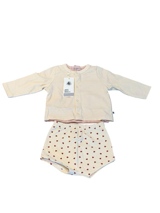 Petit Bateau 3-piece set cardigan,  pink tshirt with collar, and heart shorts, 6 months