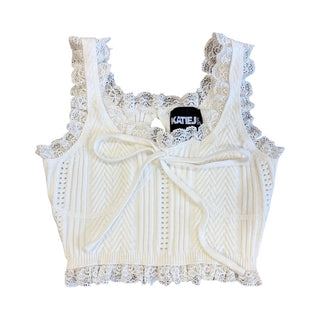 Katie J White knit camisole w/lace trim, Small