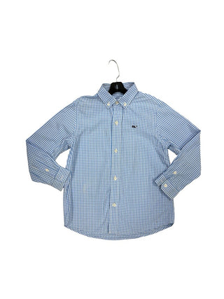 Vineyard Vines Blue Gingham Button Down Shirt with Whale Logo, 3 years