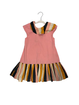 Motoreta Drop-Waist Pink Dress with Striped Bottom and Collar, 5 years