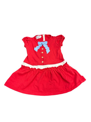 pinco pallino Red dress with blue bow and buttons, 2T