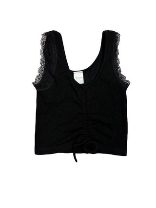 Suzette Black Crop Ruched Ribbed Tank with Lace Details, 7-14 years