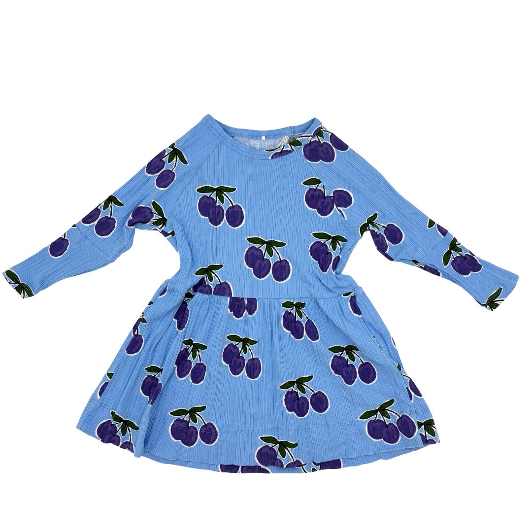 Mini Rodini blue w/plums dress, 3-5 years