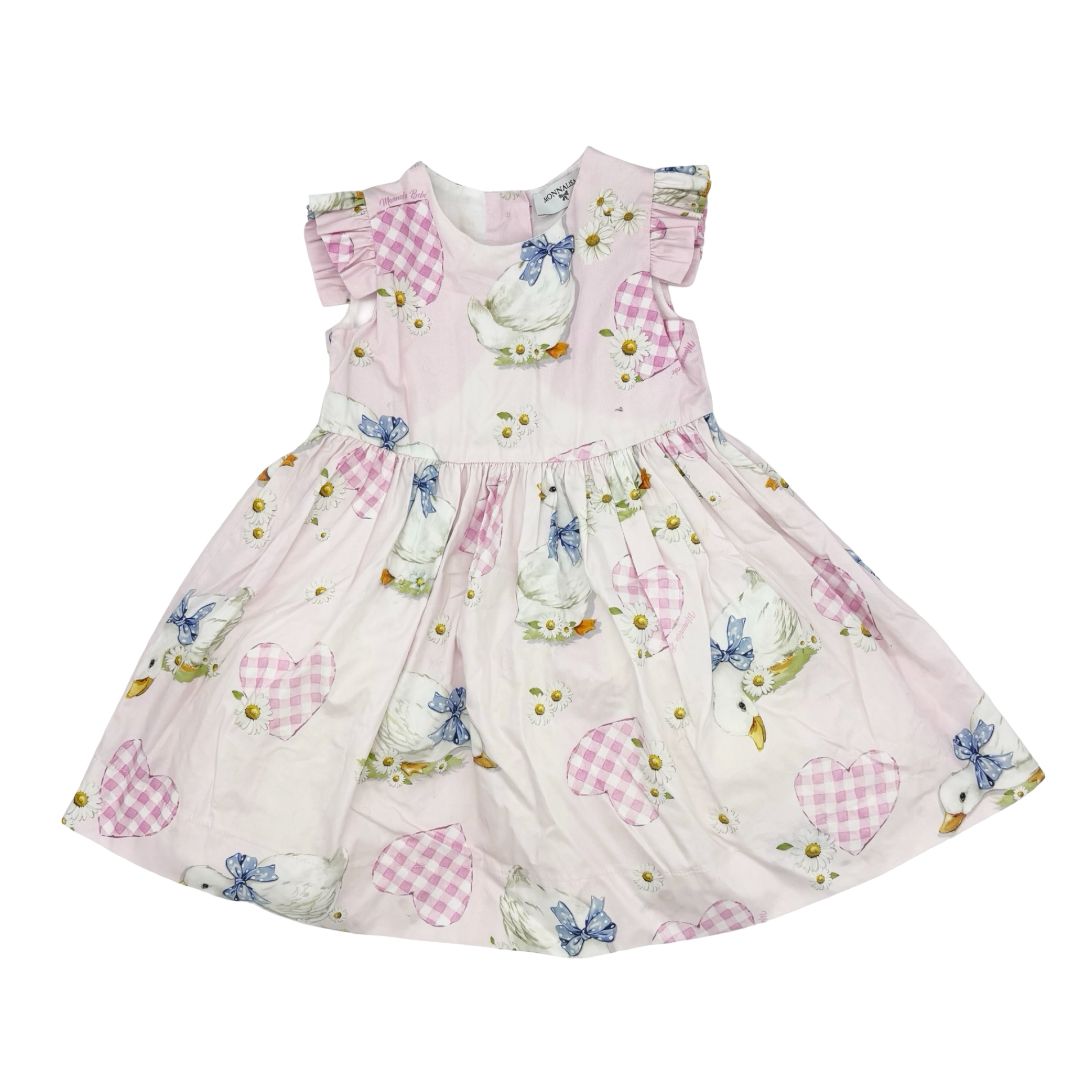Monnalisa pink duck/hearts dress, 24 months