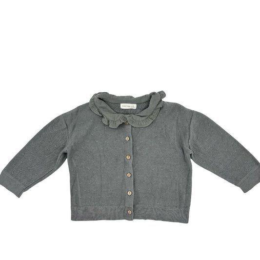 Quincy Mae teal cardigan w/ruffle collar, 2-3 years