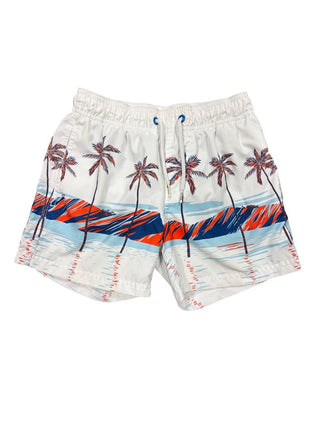 Sundek White Swim Trunks with Beach/Palm Graphics, 10 years