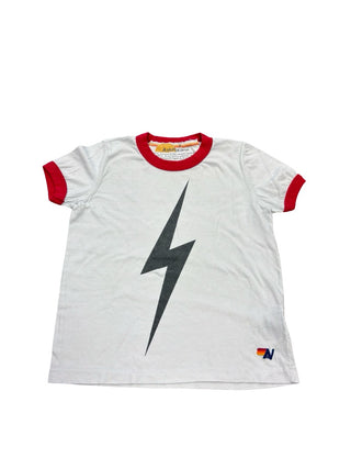 Aviator Nation White tshirt with black lighting bolt, 6 years