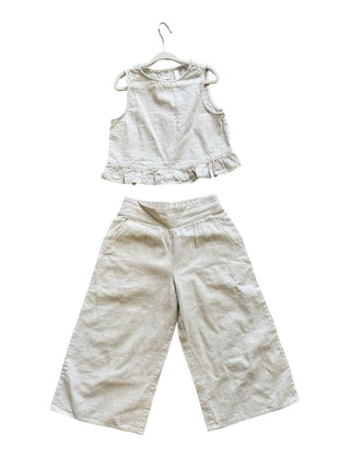 Rylee + Cru Beige Linen Blended Sleveless Top with Ruffled Bottom and Wide Leg Pants, 4-5 years