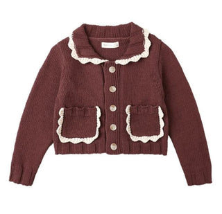 Rylee + Cru Burgundy Button Down Knit Cardigan with White Scallop Trim, 10 years