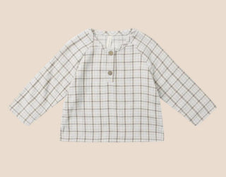 Quincy Mae Plaid Cream, Beige and Blue Button Henley Shirt, 6-12 months
