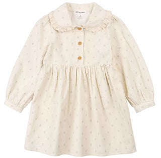 Miles the Label Corduroy Cream Dress with Eyelet Lace Collar and Ditsy Floral Pattern, 9 months