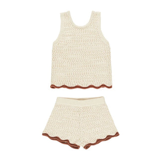 Rylee + Cru Cream Knit Tank and Shorts Knit Set with Rust Trim, 10 years