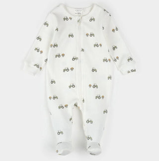 Petit Lem White Zip-up Sleeper with Tractor Pattern, 24 months