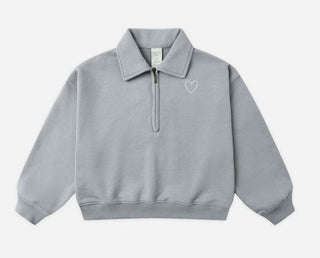 Rylee + Cru Dusty Blue Quarter Zip Sweatshirt with Heart, 10-12 years