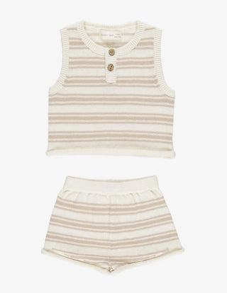 Quincy Mae Cream and Beige Striped Knit Set with Tank and Shorts, 0-3 months