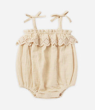 Rylee + Cru Beige Romber with Tie Shoulders and Eyelet Lace, 0-3 months