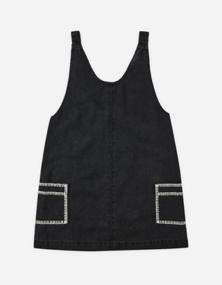 Rylee + Cru Black Denim Overall Dress with White Embroidery, 2-3 years