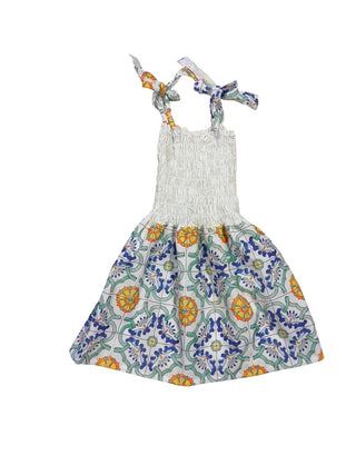 No Name Tile Print Smocked Cotton Dress with Shoulder Ties, 6 years