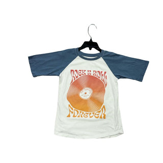 Tiny Whales White Shirt with Blue Quarter Sleeves and Rock n Roll Graphic, 6 years