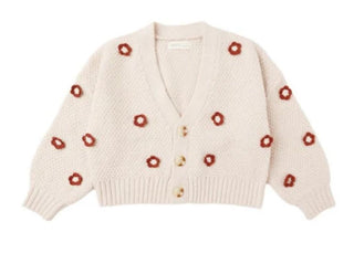 Rylee + Cru Cream Knit Cardigan with Flower Details, 6-7 years