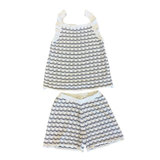 H&M white/navy crochet sest, 9-10 years