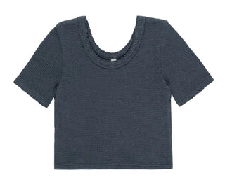 Rylee + Cru Navy Blue Cropped Ribbed Tee with Scalloped Neckline, 8-9 years