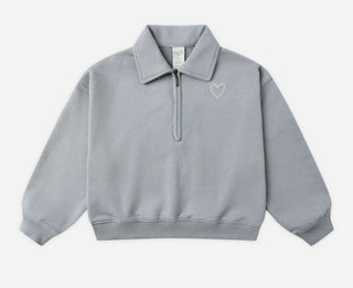 Rylee + Cru Quarter Zip Dusty Blue Sweatshirt with Heart Embroidery, 8-9 years
