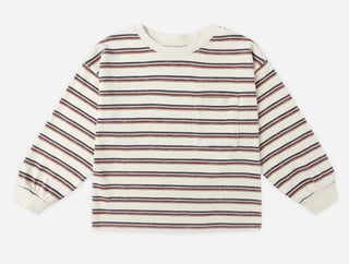 Rylee + Cru Cream Longsleeve Tee with Blue and Burgundy Stripes and Pocket, 8-9 years