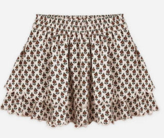 Rylee + Cru Beige Skirt with Burgundy Floral Pattern and Scalloped Trim, 8-9 years