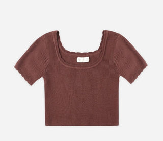 Rylee + Cru Cropped Burgundy Ribbed Tee with Scalloped Neckline, 8-9 years