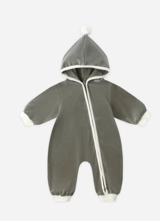 Quincy Mae Green Velour Zip Up Playsuit with Hood , 12-18 months
