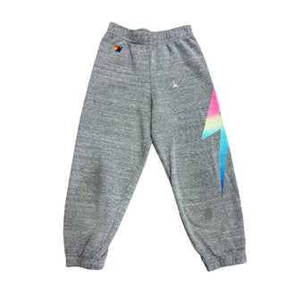 Aviator Nation grey w/rainbow lightning bolt sweatpants w/small hole, 6 years