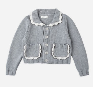 Rylee + Cru Steel Blue Knit Cardigan with Scalloped Trim, 6-12 months