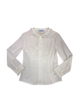 Mayoral white button up with blue sparkled collar, 7 years