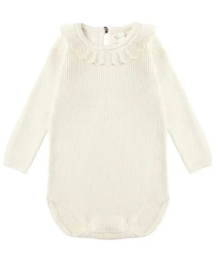 Rylee + Cru Pointelle Knit Ruffle Collar Ribbed Bodysuit in Cream, 6-12 months