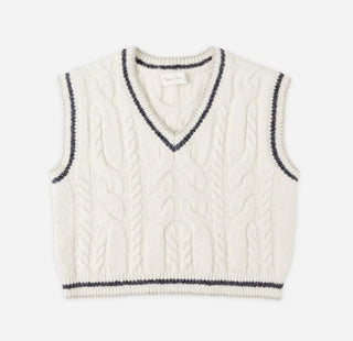 Rylee + Cru Cable Knit Cream Vest with Navy Blue Stripe Detail, 2-3 years