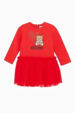 Moschino Red Longsleeve Dress with Tulle and Bear Heart Logo, 18-24 months