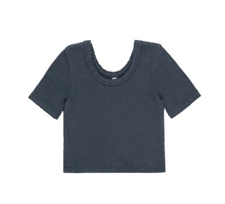 Rylee + Cru Cropped Ribbed Navy Blue Tee with Scalloped Collar, 2-3 years