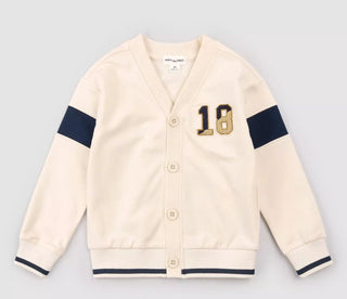 Miles the Label Cream and Navy Button Down Sweatshirt with Embroidered Numbers, 2 years