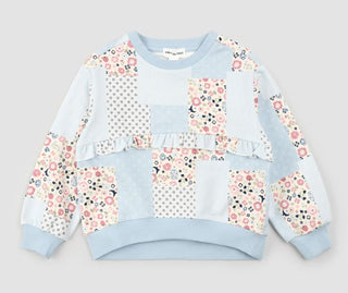 Miles the Label Blue and Patterned Patchwork Print Sweatshirt with Ruffle Detail, 2 years