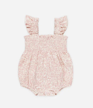 Quincy Mae Pink and Cream Floral Romper with Smocking and Ruffles, 2-3 years