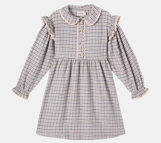 Wheat Beige and Navy Blue Plaid Flannel Dress with Collar, 3 years
