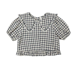 Rylee + Cru Blue and Beige Checked Gingham Cropped Shirt with Ruffles and Collar, 2-3 years
